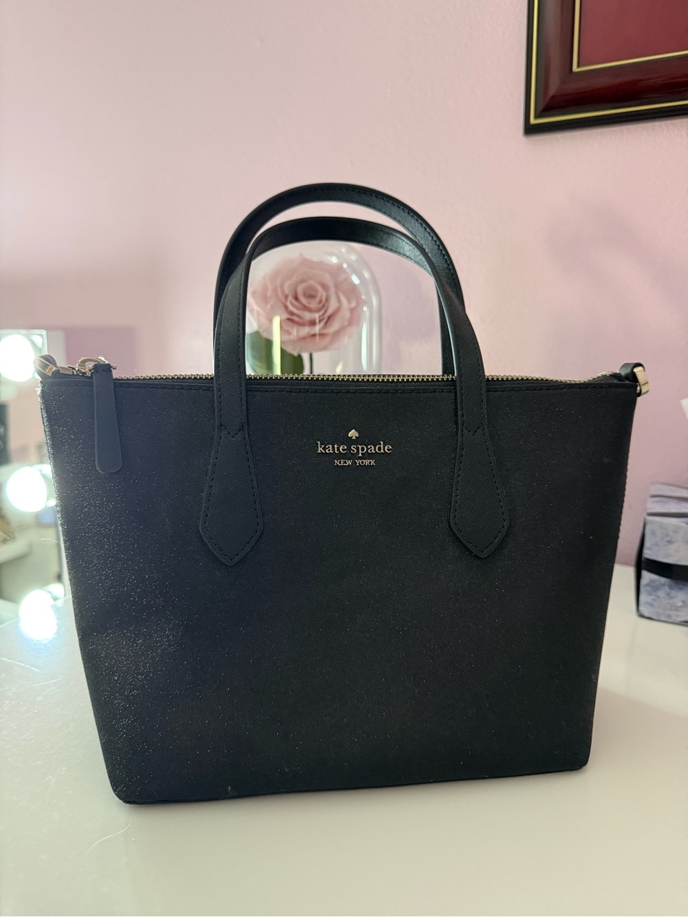 kate spade Black Glitter Leather Satchel with Gold Logo